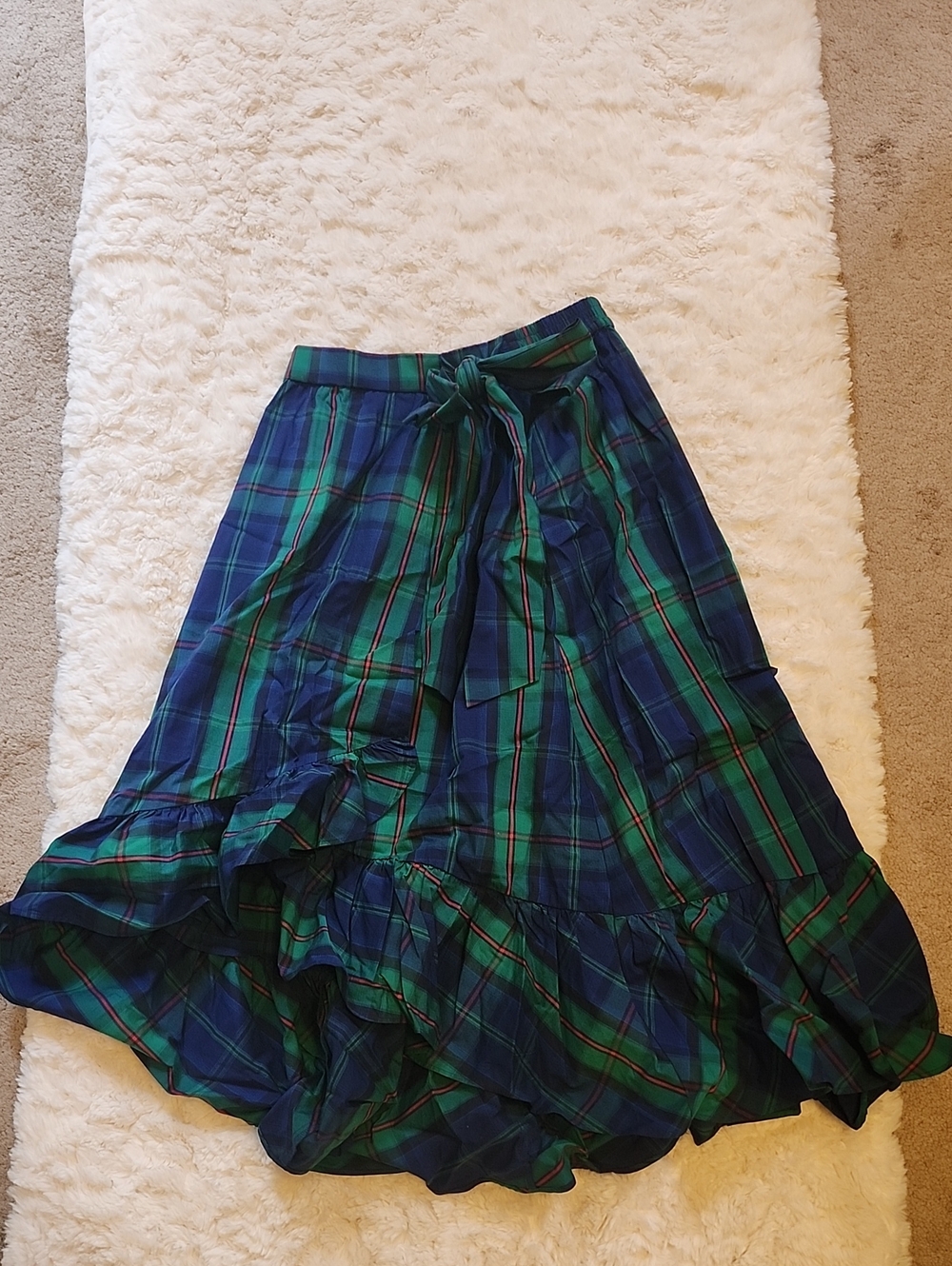 J. Crew Blue and Green Plaid High-Low Tie-Waist Ruffle Skirt